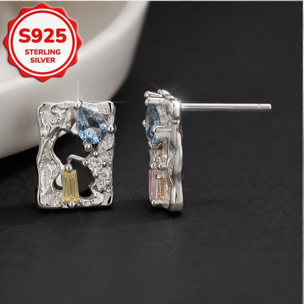Women's 2pc S925 Silvery Irregular Geometric Square Stud Earrings